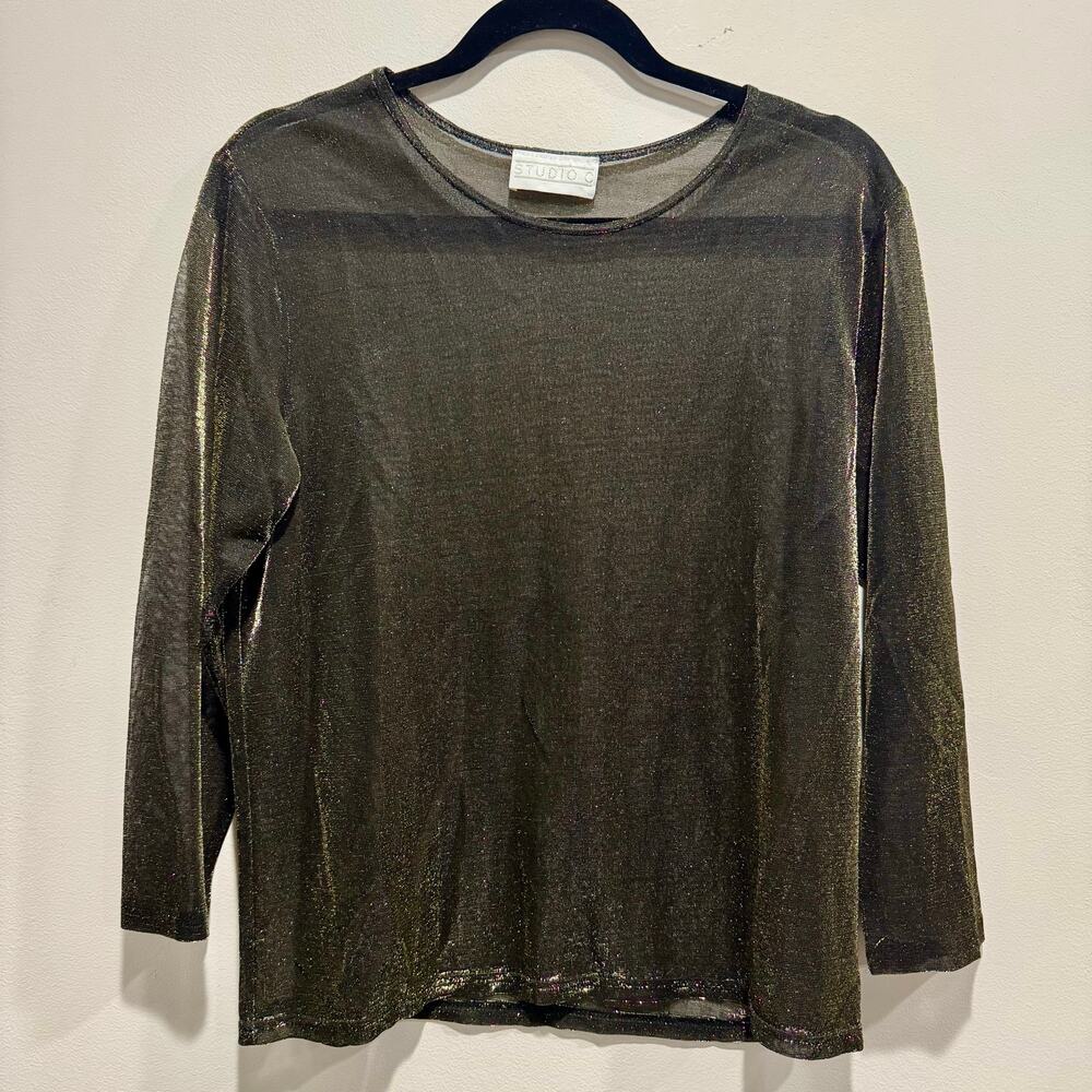 Vintage Studio C Black Gold Metallic Sheer Long Sleeve Top Large